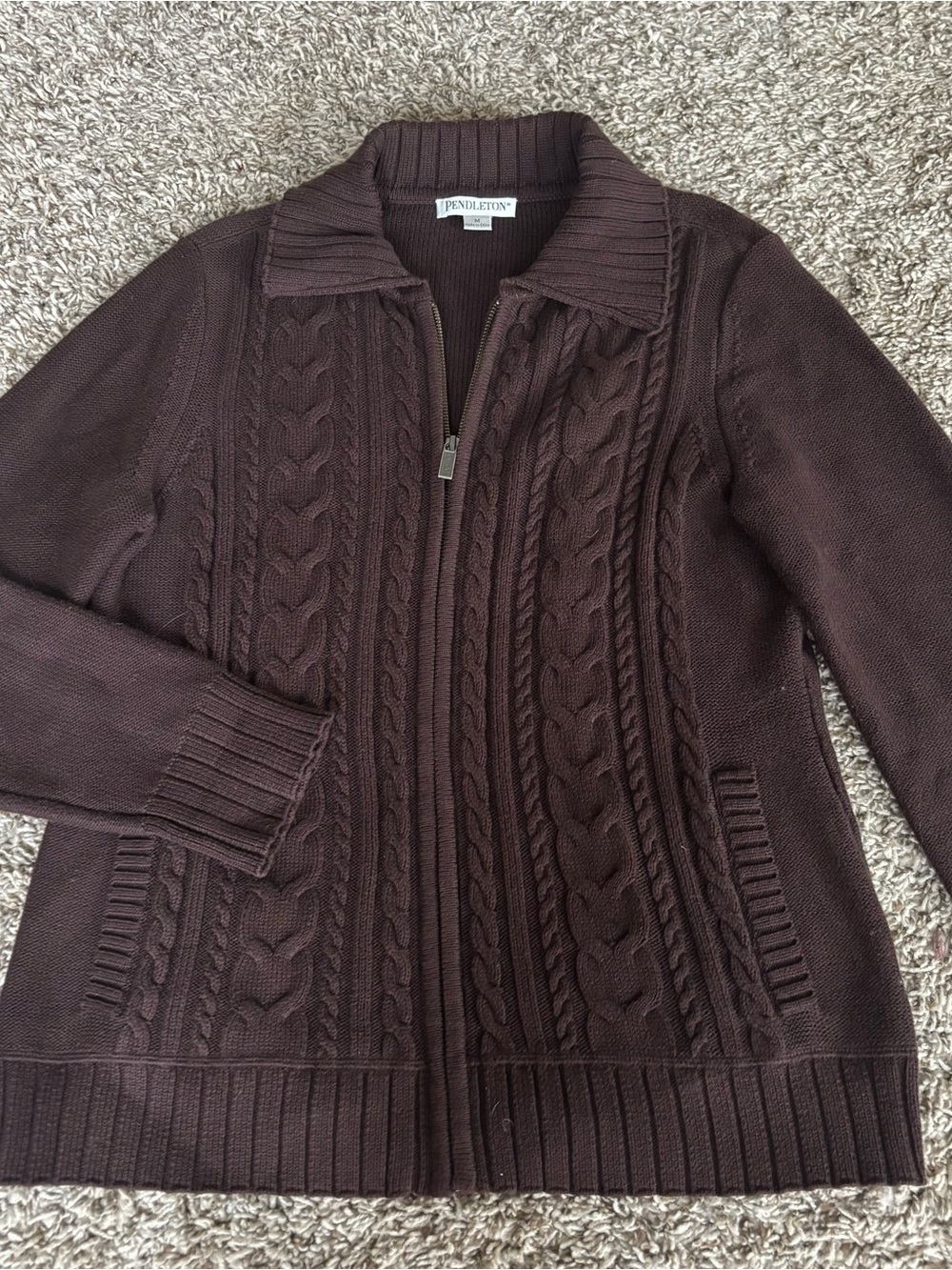Pendleton Women's Dark Brown Cable Zip Cardigan zipper pocjets choc as yvf